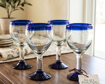 Set of 4 Cobalt Blue Rim Wine Goblets – Hand Blown Recycled Mexican Glass Barware