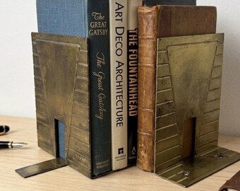Vintage Mid Century Modern Brass Plated Bookends Art Deco Skyscraper Design Gold Architecural Book Ends