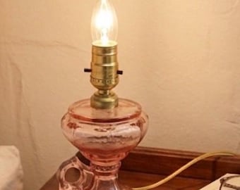 Vintage Pink Glass Electric Finger Lamp, MCM Retro Lighting - Pink Pressed Glass Table Lamp