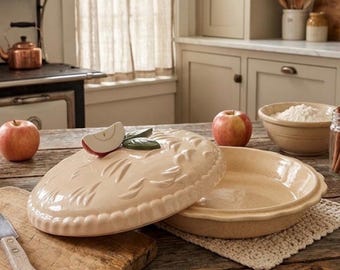 Vintage Ceramic Apple Pie Keeper wit Lid - Speckled Tan Stoneware Pie Dish with Apple Slice Handle Made in Japan Farmhouse Kitchen Decor