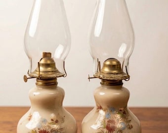 Pair of Vintage Milk Glass Oil Lamps - Hand Painted Floral & Gold Trim Mid-Century Hurricane Lamps