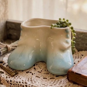 Vintage Ceramic Baby Boot Planter - Blue Ombré Pottery - Small Succulent Vase - Cottagecore Nursery Decor - Baby Gift