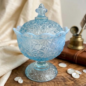 May include: A light blue, vintage-style glass candy dish with a lid. The dish has a pedestal base and a scalloped rim. The glass is patterned with a starburst design. The lid is topped with a decorative finial. The dish is sitting on a wooden surface.