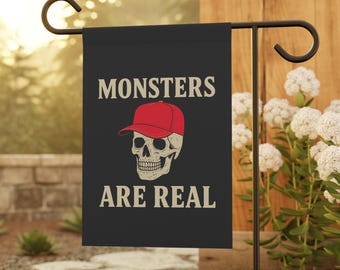 Anti Trump Monsters are Real Halloween Garden Flag | Skull Red Hat Anti MAGA Political Yard Sign, Liberal Outdoor Autumn Fall Flag Banner