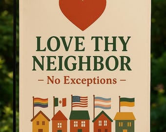 May include: A beige garden flag with the text "LOVE THY NEIGHBOR - No Exceptions -" in green. A red heart is above the text. Below are illustrations of houses with flags representing different communities.
