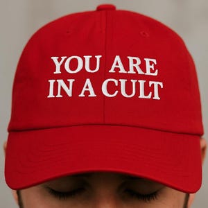 You Are In A Cult Hat | Red MAGA Parody Dad Cap, Embroidered Anti Trump Hat, Funny Political Hat Gift, Anti MAGA Anti Racist RED Funny hat