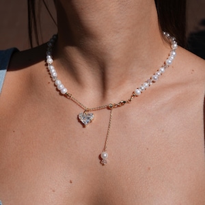 Boho Pearl Heart Necklace: Crystal Heart Pendant, Coquette Jewelry