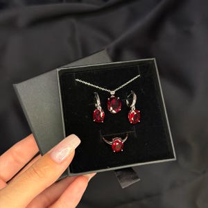 2026 Ruby Red Sterling Silver Jewelry Set | Valentines Gift for Her Year of the Horse | Fiery Red Trend Adjustable Ring, Necklace & Earrings