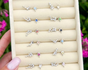 Zodiac Earrings: Birthstone Constellation Studs, Sterling Silver Celestial Jewelry