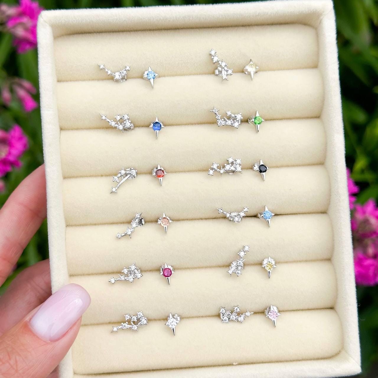 Sterling Silver Zodiac Constellation Earrings: Birthstone Studs, Astrology Gift