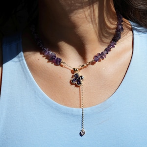 Amethyst Choker Necklace – Natural Crystal Jewelry with Gold-Plated Chain and Zircon Pendant – Mother’s Day Gift for Her