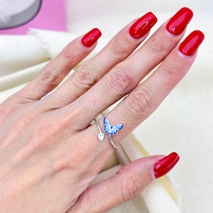 Sterling Silver Butterfly Ring: Crystal Birthstone, Adjustable Enamel Wings