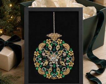 Kerstbol wanddecoratie: Groene kristallen decoratie, ingelijste sieradenkunst