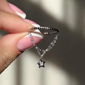Justerbar ring med himmelsk stjärna för kvinnor, silverkedja y2k-ring med kubisk zirkonia, elegant tumring som present till henne