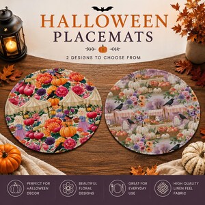 May include: Two round placemats featuring Halloween-themed illustrations. The left design shows pumpkins, flowers, and figures in purple dresses. The right design displays a softer palette with pumpkins, flowers, ghosts, and black birds on a light background.