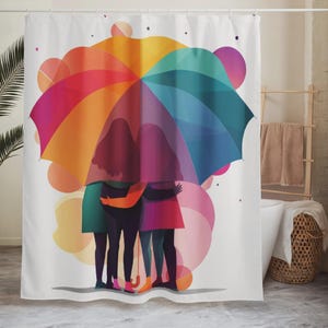 May include: A white shower curtain featuring a colorful illustration of three figures huddled under a rainbow umbrella. The umbrella's vibrant hues include orange, yellow, green, and blue. The figures are embracing, creating a sense of unity and protection.