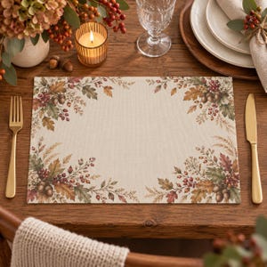 May include: A rectangular placemat featuring a cream-colored fabric base with a printed autumn-themed border. The design includes illustrations of brown oak leaves, green foliage, red berries, and acorns arranged in the corners of the mat.