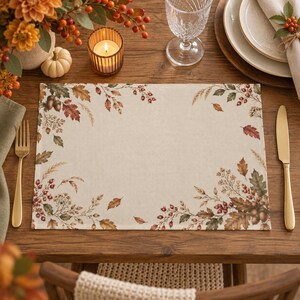 May include: A rectangular placemat featuring a cream-colored center and a border decorated with a botanical print of autumn leaves, red berries, and brown acorns. The design is arranged along the edges, showcasing a seasonal harvest theme.