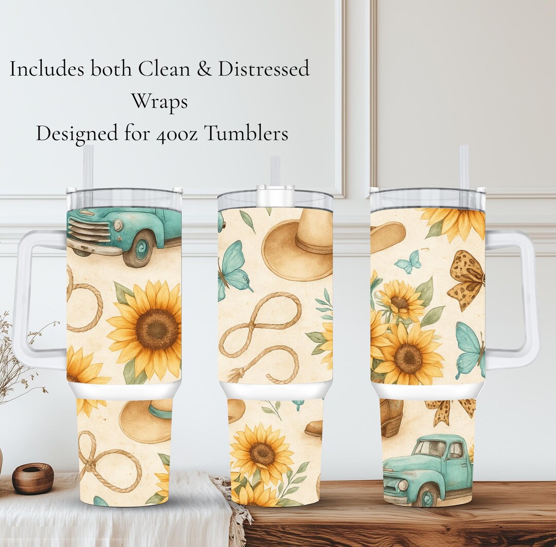 Vintage Country Tumbler Wrap PNG With Sunflowers & Pickup Truck, 40oz ...