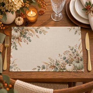 May include: A rectangular placemat featuring a cream-colored fabric base decorated with a botanical print of pumpkins, wheat stalks, and autumn leaves in muted green, brown, and beige tones arranged in the top-left and bottom-right corners.