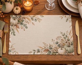 Fall Placemats Set, Neutral Pumpkin Placemats, Sage Green Autumn Botanical Table Decor, Thanksgiving Dining Mats, Linen Look