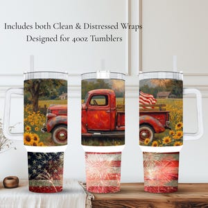 Patriotic Truck Tumbler Wrap – Vintage Red Pickup with Sunflowers, American Flag & Fireworks, Sublimation PNG, Commercial License