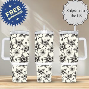 Floral Line Art 40oz Tumbler: Black & White Botanical Stainless Steel Cup