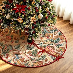 May include: A round Christmas tree skirt featuring a festive gingerbread village print with snow-covered houses, trees, and candy canes on a cream background. The skirt has a red trim and three red ribbon ties to secure it around the tree base.