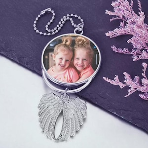 Adorno de alas de ángel personalizado para coche: dije conmemorativo con foto grabada