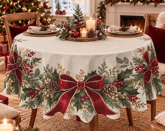 May include: A round off-white tablecloth featuring a festive print of dark red bows, green holly leaves, pine branches, and brown pinecones. The pattern is arranged in a repeating border design around the edge of the fabric.