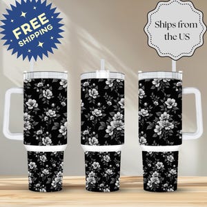 Black & White Floral Tumbler 40oz - Stainless Steel Travel Mug