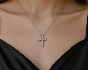 Moissanite Cross Pendant Necklace: 925 Sterling Silver, 18k White Gold Plated