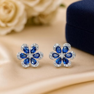Sapphire Earrings, 925 Sterling Silver, Sapphire Flower Stud Earrings, Blue Sapphire Earrings, September Birthstone Earrings, Gift for Her