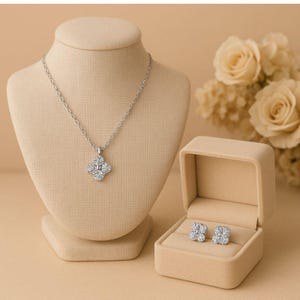 Moissanite Clover Jewelry Set: Sterling Silver Necklace, Earrings & Bracelet