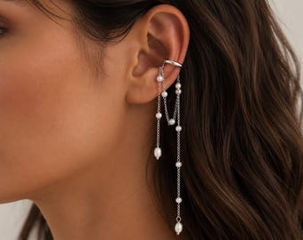 Silber Kette Quaste Ohrmanschette, kein Piercing Ohr wickeln, Minimalist Knorpel Manschette, baumeln Kette Ohrmanschette, Statement Silber Ohrschmuck