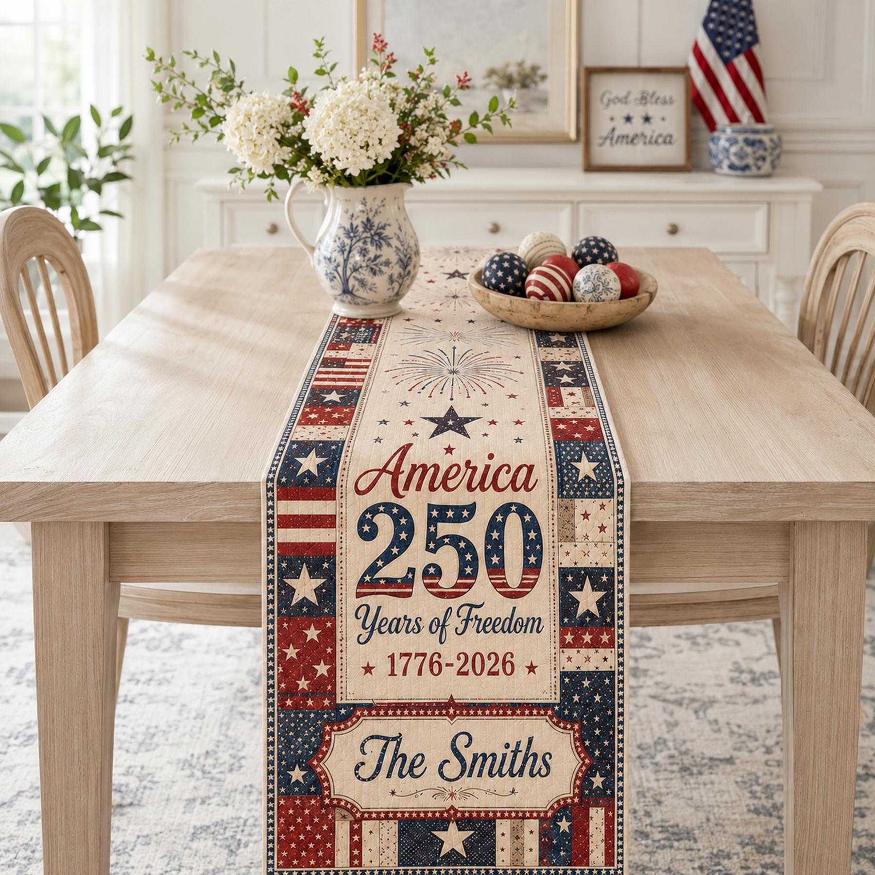 Discover Personalized America 250th Faux Patchwork Table Runner: Custom Family Name Semiquincentennial Dining Decor
