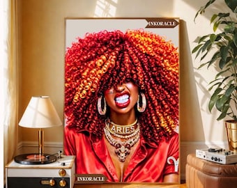 Horóscopo de lujo para mujer negra Aries, alta resolución, elegante arte de pared para mujer negra, ilustración moderna, glamurosa y chic.