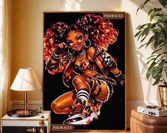 Arte de lujo de chica corredora negra, arte moderno y elegante de alta resolución, ilustración de mujer negra elegante para pared, decoración moderna y glamurosa