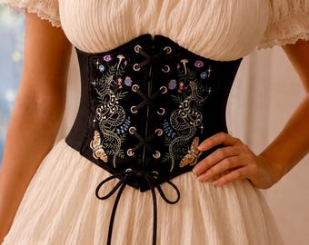 Black Snake Gothic Corset Belt Adjustable Embroidered Renaissance Medieval Bodice Waist Cincher Lace Up BodyShaper Belt Gothic Waist Trainer