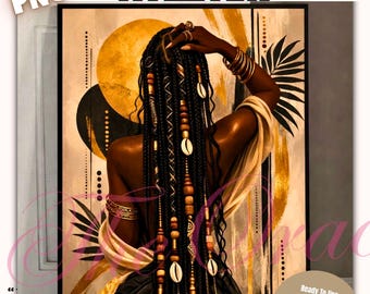 Cuadro decorativo de mujer negra con trenzas, lámina digital de estilo bohemio afrocentrista (descarga digital).