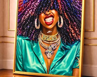 Horóscopo de lujo para mujer negra Piscis, arte de pared elegante y de alta resolución, ilustración moderna y elegante.