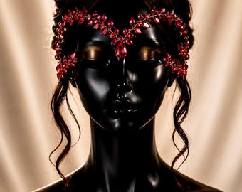 Fiery Red Elven Goddess Headpiece Handmade Crystal Sultana Crown Bridal Hair Jewelry Cleopatra Festival Queen Head Chain