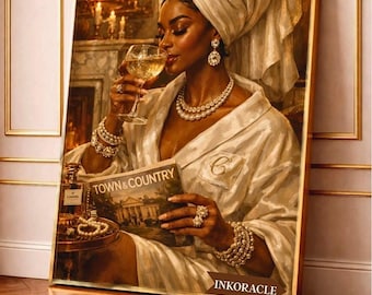 Arte mural de mujer negra, estética de la alta sociedad, ilustración elegante y glamurosa (archivo digital disponible).