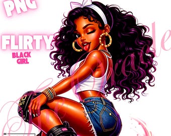 Imagen prediseñada PNG de una chica negra coqueta patinando, arte de sublimación de alta resolución (descarga digital).