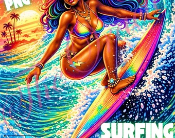 Imágenes prediseñadas PNG de una chica surfista vibrante: Mujer afro, magia de chica negra (descarga digital)