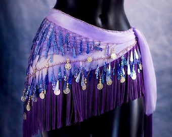 Pañuelo de cadera con monedas moradas, cinturón de danza del vientre, pañuelo para la cintura para festivales, flecos de monedas doradas, ropa de baile bohemia, adorno llamativo.
