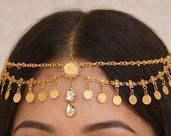 Cleopatra gouden munt ketting zendspoel Boho haar godin ketting Crystal voorhoofd sieraden festival zendspoel bruids haar accessoire hoofdketting