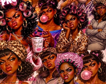 Imágenes prediseñadas PNG de mujer negra atrevida, paquete PNG de cara de enfado, gorro de niña negra, imágenes prediseñadas PNG divertidas de baño afroamericano para sublimación digital