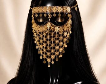 Gold Coin Face Veil Egyptian Goddess Cleopatra Gold Face Mask Arabian Festival Mask Goddess Face Jewelry Tribal Belly Dancing Face Accesory