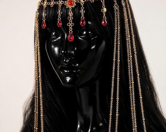 Red & Gold Crystal Goddess Head Chain Hair Jewelry Tassel Headpiece Boho Festival Bridal Accessories